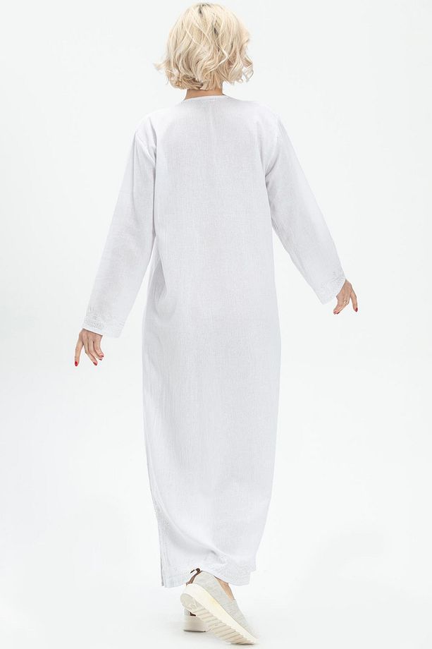 Uzun Kol Şile Bezi Simli Kaftan Midi Boy Yazlık Elbise Beyaz Byz - 3