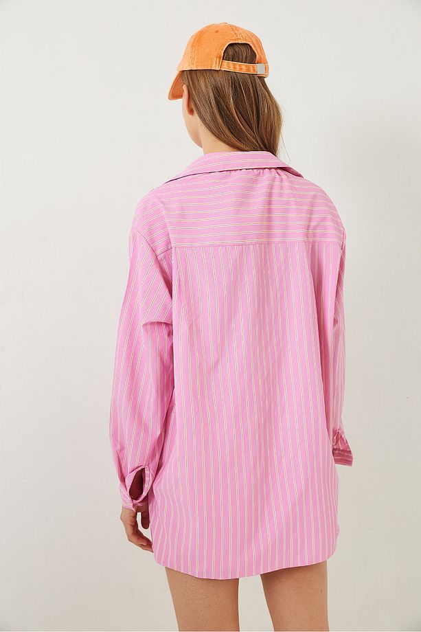 Kadın Tek Cep Detaylı Çizgili Poplin Gömlek 60283071 - 8