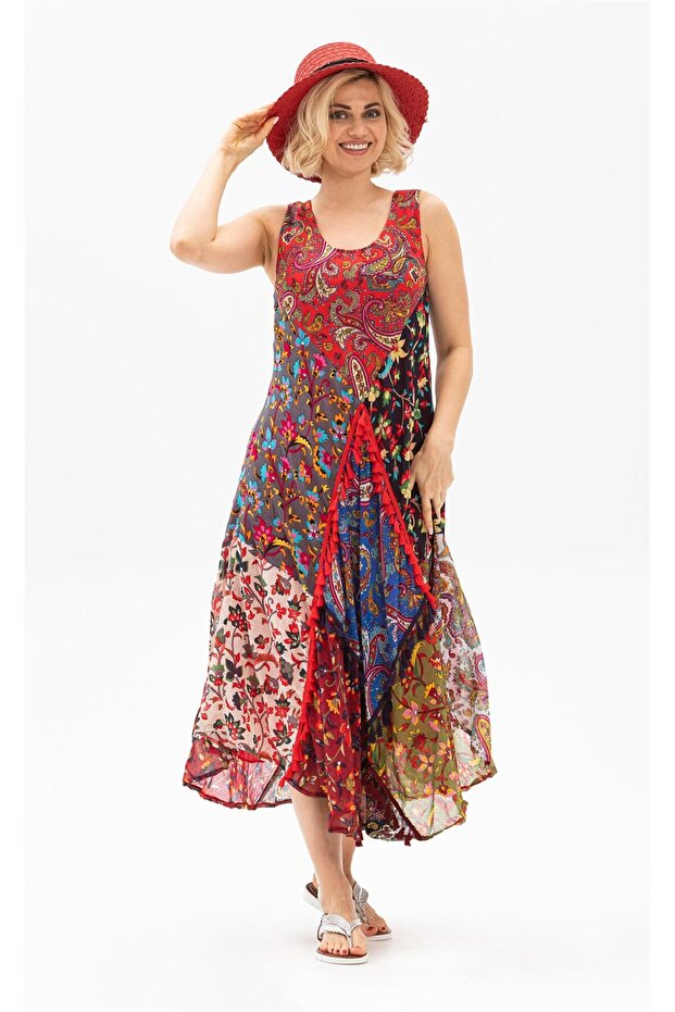 Sleeveless Voile Peçvörk Long Summer Authentic Dress Red Krmz
