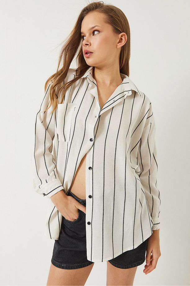 Kadın Çizgili Uzun Kollu Tek Cep Detaylı Keten Oversize Gömlek 60283070 - 5