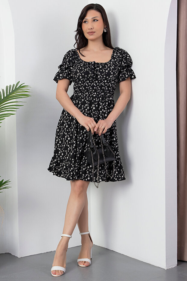 Beli Gipeli Çiçekli Bağcıklı Elbise Q001 - 5