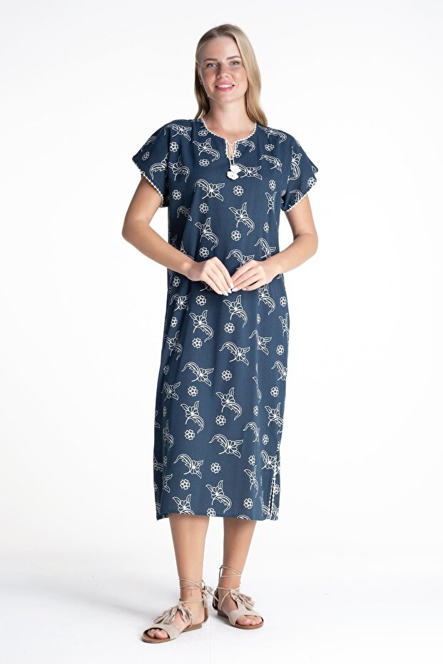 Short Sleeve Sile Cloth Printed Midi Length Summer Dress Spreader Pattern Petrol Ptrl