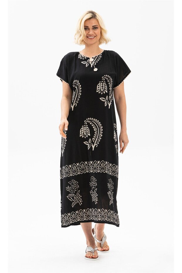 Kısa Kol Pamuk Hitit Uzun Yazlık Etnik Elbise Yaprak Siyah Yprk Syh - 1