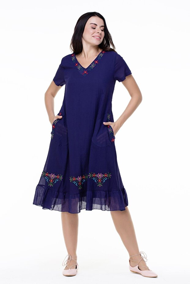 Short Sleeve Voile Moonlight Embroidery Detailed Midi Length Summer Authentic Dress Purple Purple