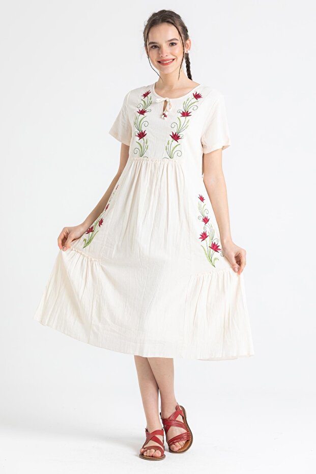 Short Sleeve Şile Fabric Lalezar Embroidered Midi Length Summer Dress Cream Krm