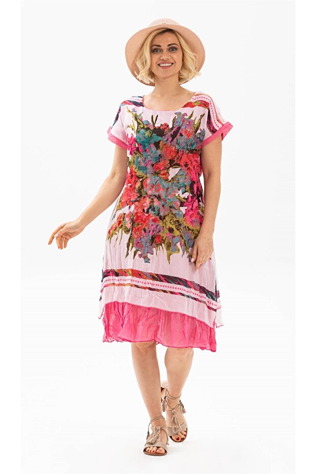 Short Sleeve Voile Defne Midi Length Summer Authentic Dress Pink 6060