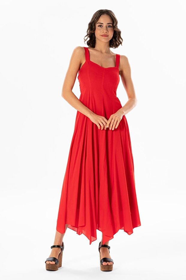 Strappy Voile Emel Long Summer Dress Red Krmz