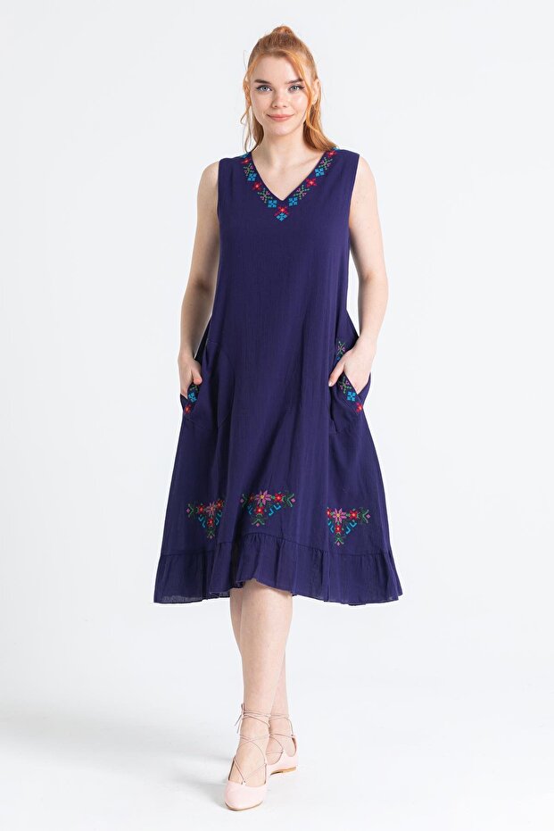 Sleeveless Şile Fabric Mehtap Midi Length Summer Dress Purple Purple