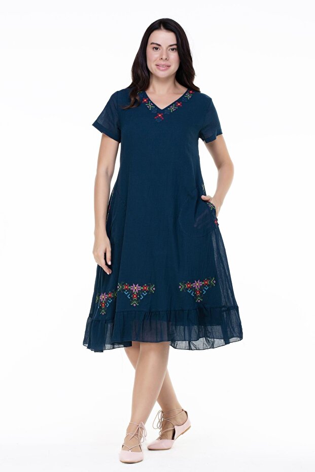 Short Sleeve Voile Moonlight Embroidery Detailed Midi Length Summer Authentic Dress Petrol Ptrl