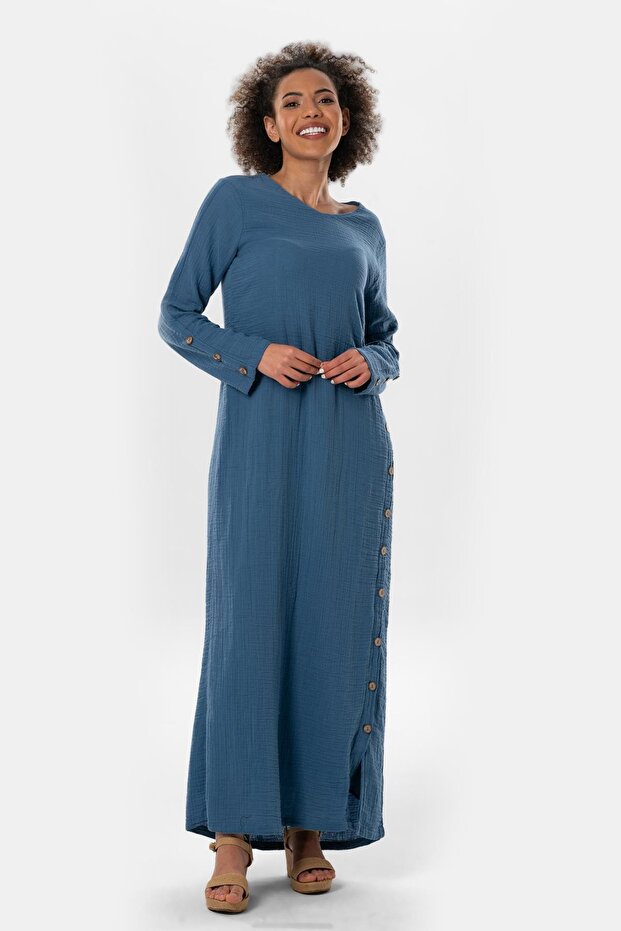 Long Sleeve Izel Long Summer Muslin Dress Indigo indg