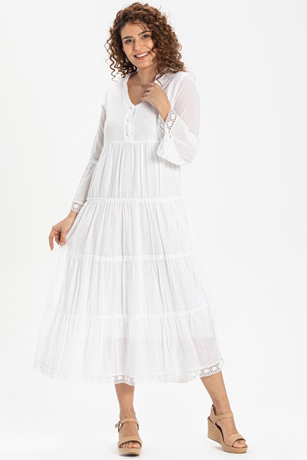Long Sleeve Voile Şeyma Long Summer Dress White Byz