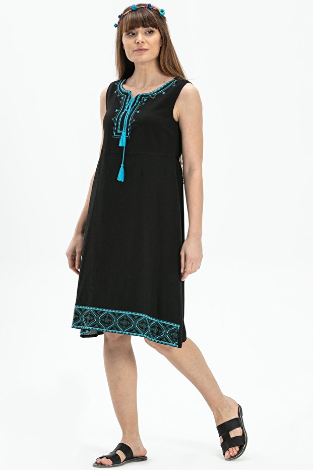 Sleeveless Şile Cloth – Turquoise Short Summer Dress - Black Syh