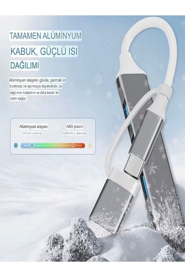 FH-6 Metalik 4İN 1 USB + Type-C Çevirici, USB 3.0 Hızlı Klavye-Mouse Data Çoklayıcı HUB - 4