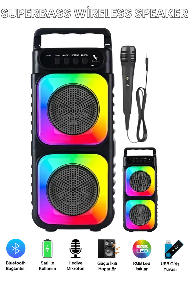Superbass Mikrofonlu Bluetooth Hoparlör Rgb Led Işıklı Karaokeli Kablosuz Ses Bombası Siyah - 1