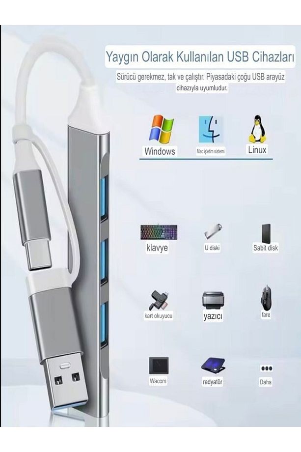FH-6 Metalik 4İN 1 USB + Type-C Çevirici, USB 3.0 Hızlı Klavye-Mouse Data Çoklayıcı HUB - 6