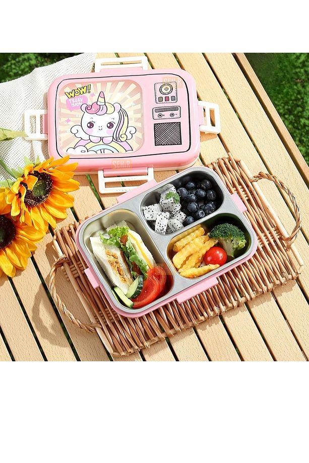 Bento 820ml Lunchbox Sevimli Dostlar Tek Katlı 3 Bölmeli Paslanmaz Çelik Sefer Tası Yemek Kutusu - 2