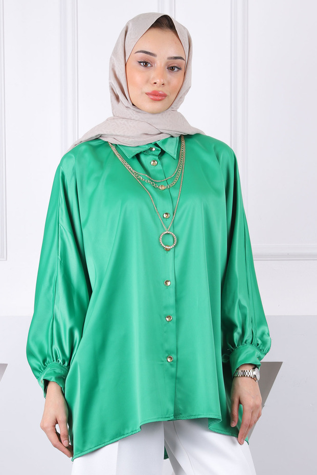 Oversize Satin Shirt with Green Necklace