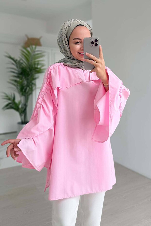 Ruffle Detail Hijab Shirt - Pink