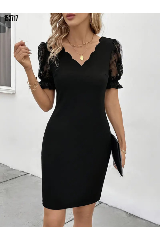 Women's Short Sleeve Lace V Neck Side Gathered Cross Detail Crepe Dress