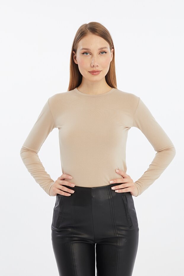 Women's Cream Round Neck Long Sleeve Blouse
