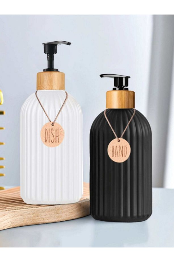 2 Li Siyah-Beyaz Mutfak Banyo Sıvı Şampuan Kutusu Sabunluk Seti 500ml+500ml Bambu Tepsi ve Kolyeli - 1