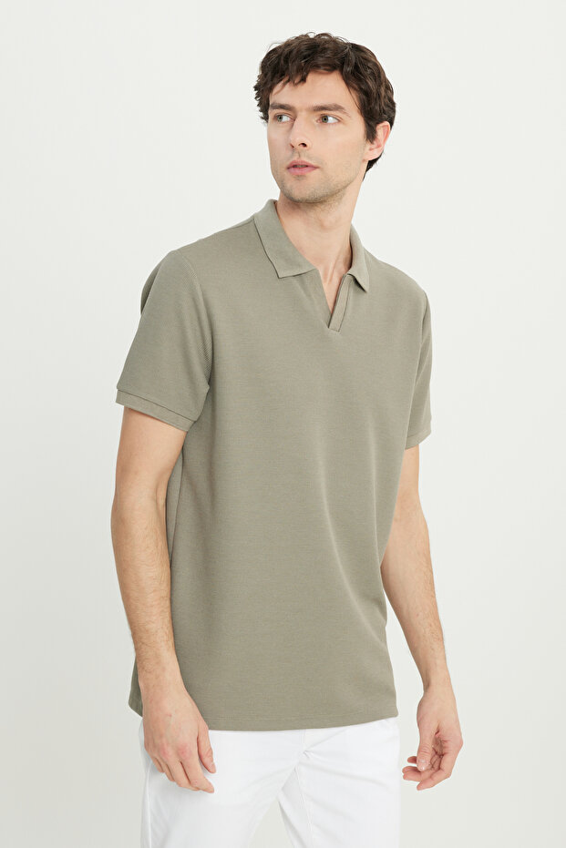 Erkek Haki Slim Fit Dar Kesim Polo Yaka Jakarlı Esnek Tişört - 4