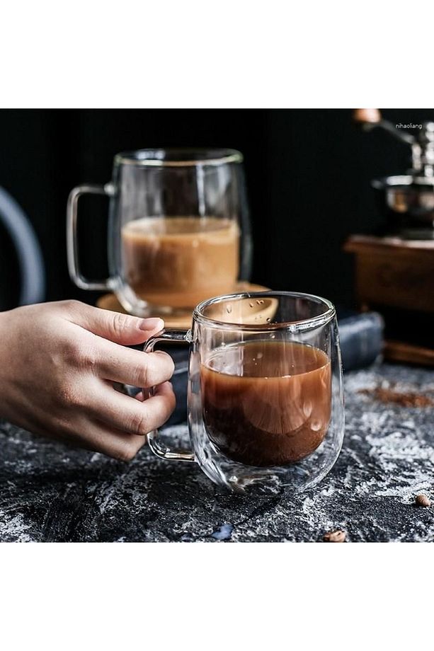 Çift Cidarlı Kahve Ve Çay Kupası 6‘ lı Set 250 ML Kahve Bardağı - Kulplu Cam Bardak Seti - 6