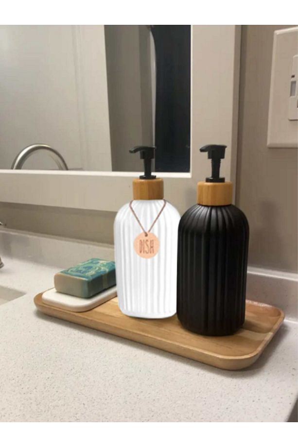 2 Li Siyah-Beyaz Mutfak Banyo Sıvı Şampuan Kutusu Sabunluk Seti 500ml+500ml Bambu Tepsi ve Kolyeli - 3