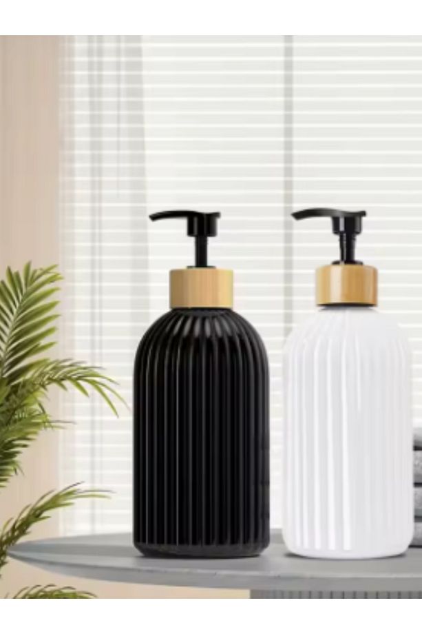 2 Li Siyah-Beyaz Mutfak Banyo Sıvı Şampuan Kutusu Sabunluk Seti 500ml+500ml Bambu Tepsi ve Kolyeli - 9
