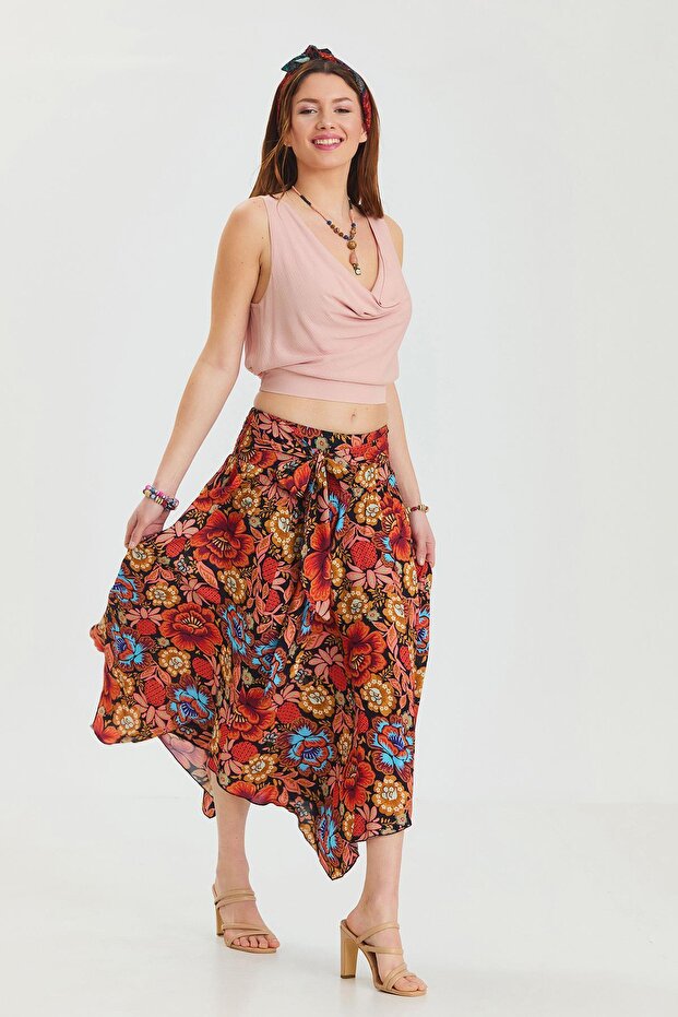 Loose Midi Flared Skirt with Tie Waist