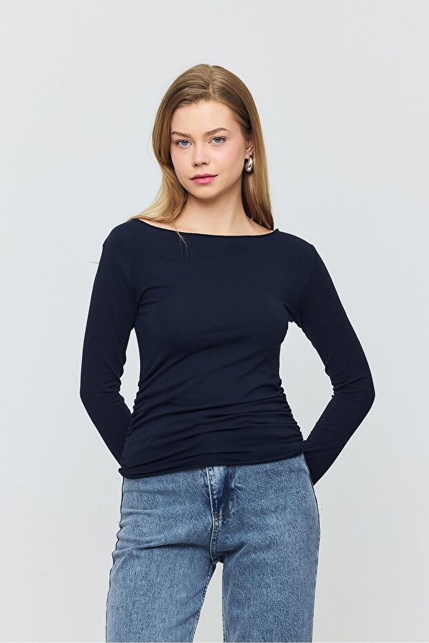 Gathered Blouse Navy - Model 3027 - 7