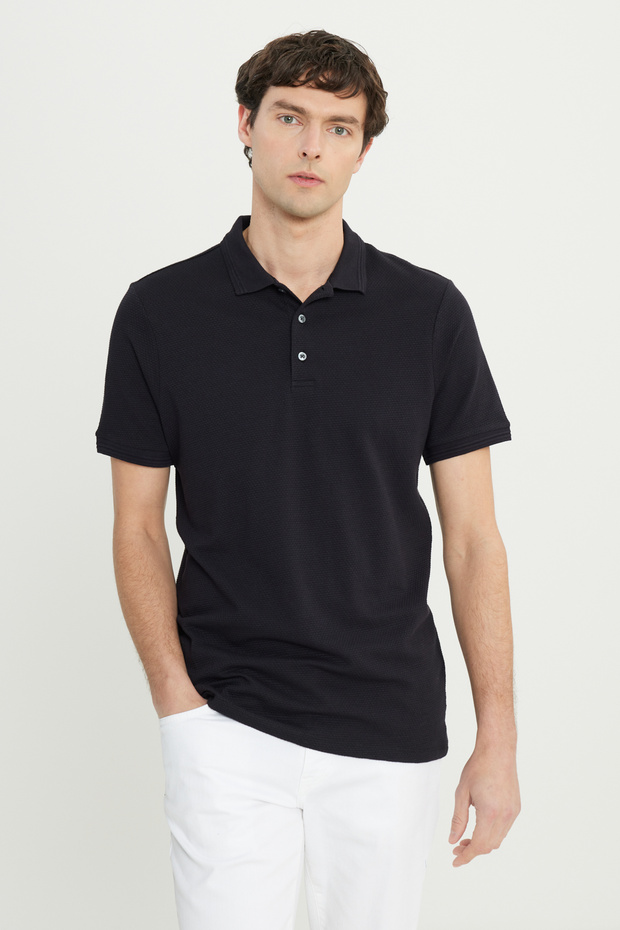 Men's Black Cotton Slim Fit Slim Fit Polo Neck Jacquard Stretch T-Shirt