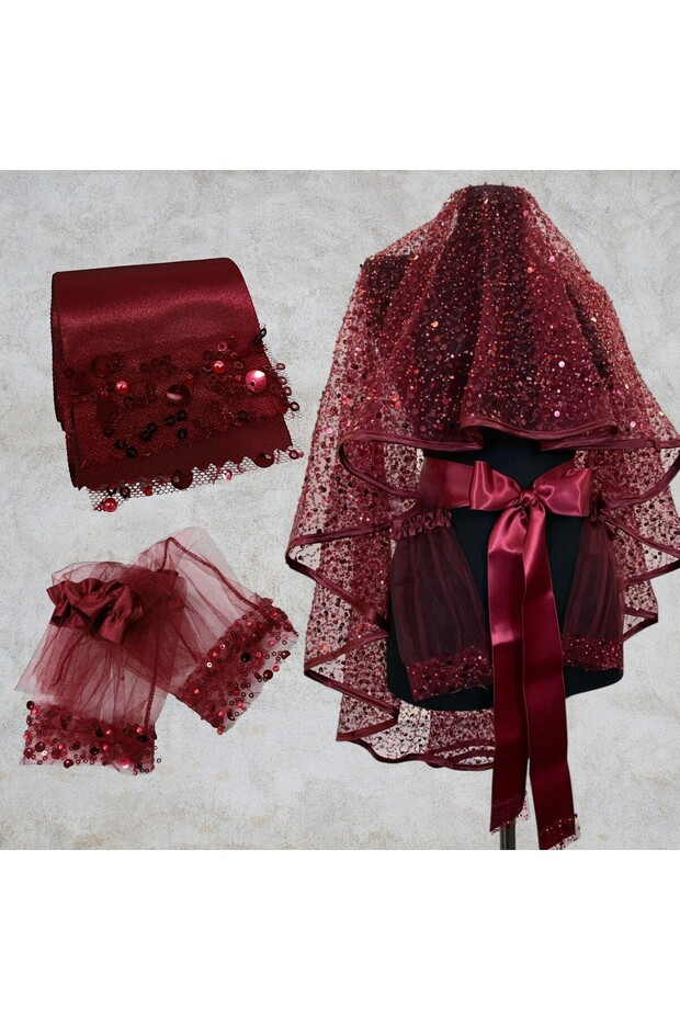 Burgundy Sequin Beaded Bridal Veil - Belt - Gloves