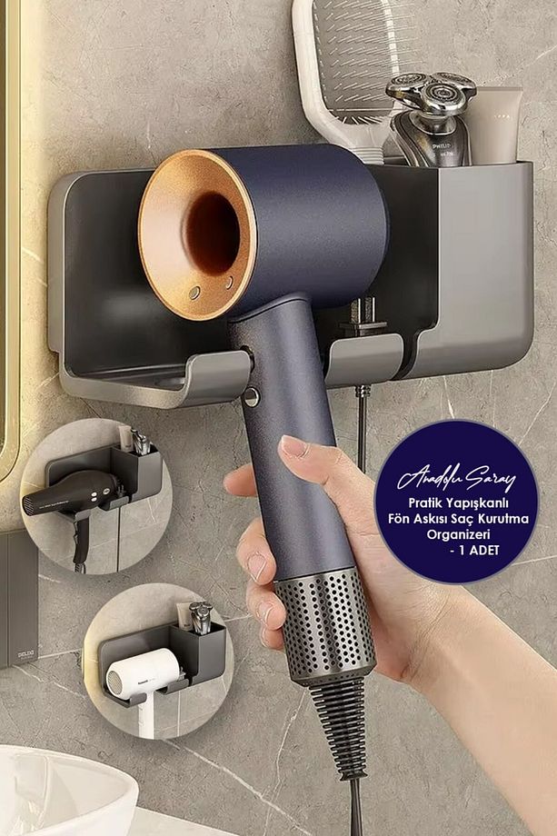 Kendinden Yapışkanlı Saç Kurutma Makinesi Tutacağı Banyo Düzenleyici Banyo Askısı Raf Organizer Düze - 1