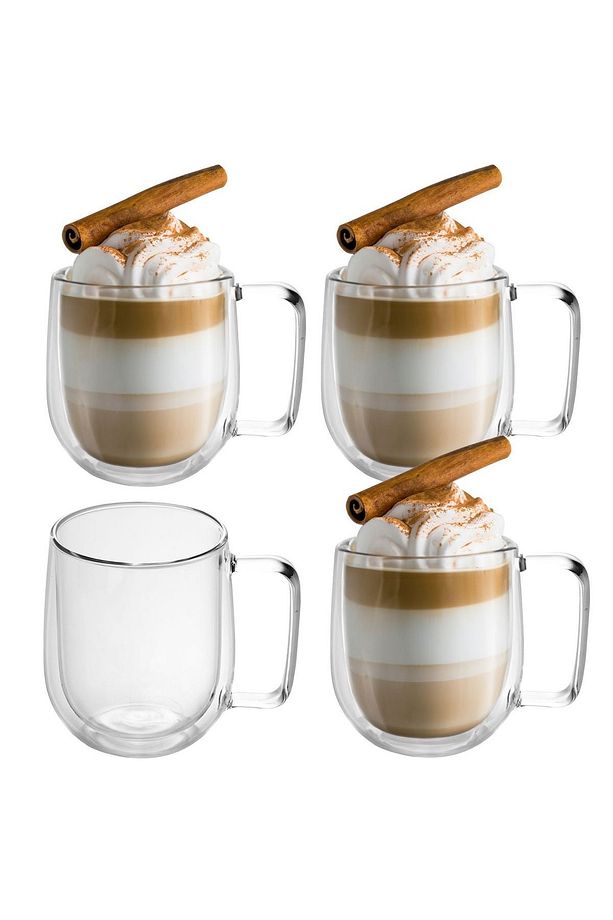 4 ADET Çift Cidarlı Kahve Ve Çay Kupası 250 ML Kahve Bardağı - Isı Yalıtımlı Kulplu Cam Bardak - 1