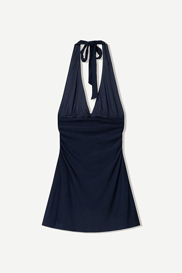 Halter yaka mini elbise - 5