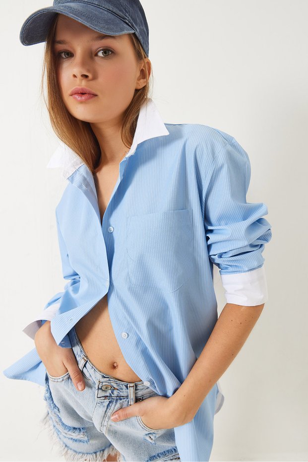 Women's Baby Blue Garni Detail Oversize Shirt 4449 60261564