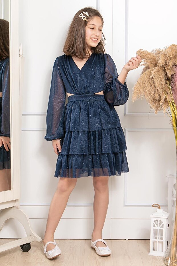 Frilly Glittery Tulle Children's Evening Dress Navy Blue Mdv308