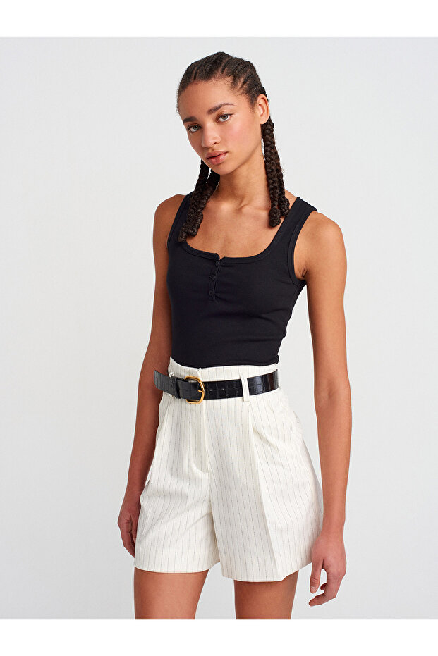 20983 Buttoned Square Collar Top-Black - 1