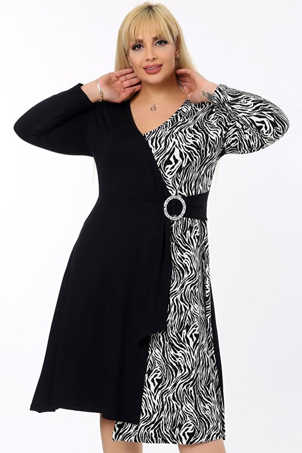 Kemerli Kruvaze Zebra Desen Çift Renk Uzun Kol Şardonlu Elbise - 1