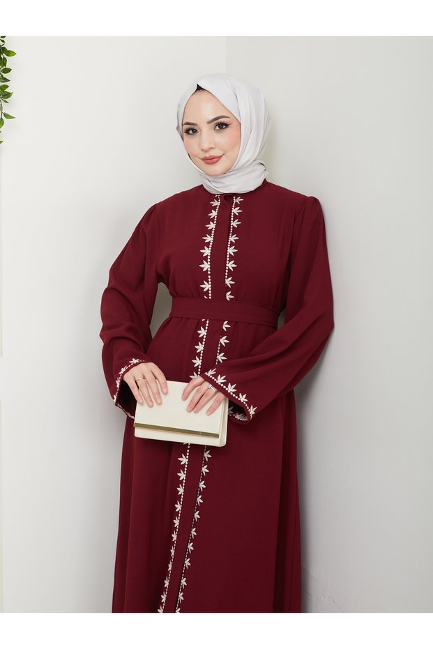 Women's Hijab Prayer Dress Embroidered Evening Dress Ferace Dress – Burgundy