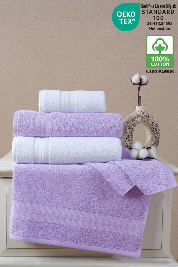 4-Piece Bath Towel Set 100% Cotton Certified, 50X80 - 70X130, Lilac White with Diamond Pattern Border