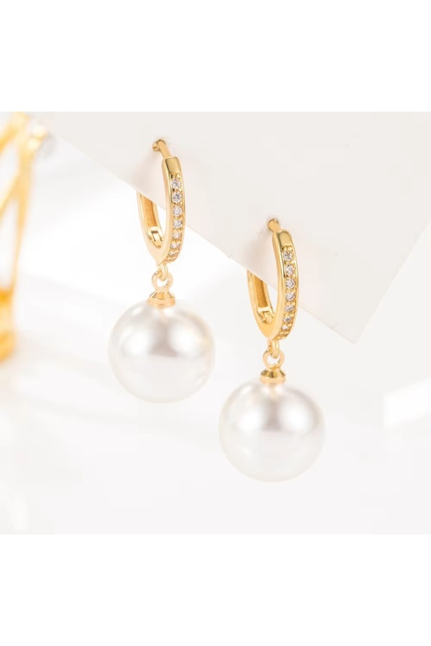 Stylish and Minimalist Pearl Earrings – Non-Tarnish Antiallergic, Zircon Detailed Steel Earrings 12mm Pearl Gold Color