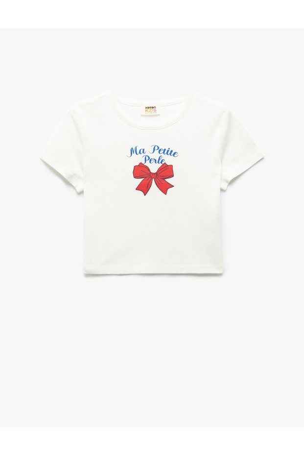 Cotton Short Sleeve Crew Neck Ribbon Printed T-Shirt