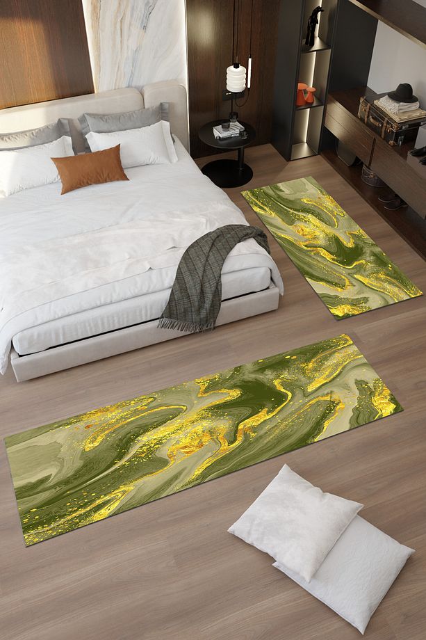 Yeşil Ebruli Makinede Yıkanabilir Salon Halısı Yatak Odası Halısı & Yolluk Modelleri - 5