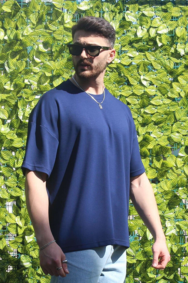 Men's Navy Blue Oversize Modal 100% Cotton Fabric Relaxed Cut Crew Neck T-Shirt