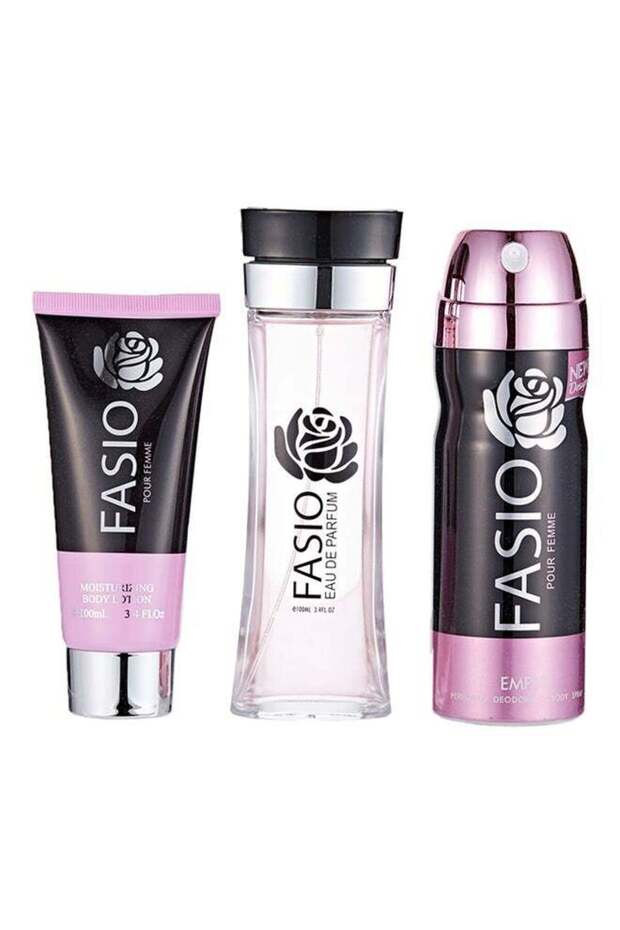 مجموعة هدايا فاسيو من 3 قطع EDP - 100 مل، لوشن للجسم - 100 مل، مزيل عرق - 200 مل