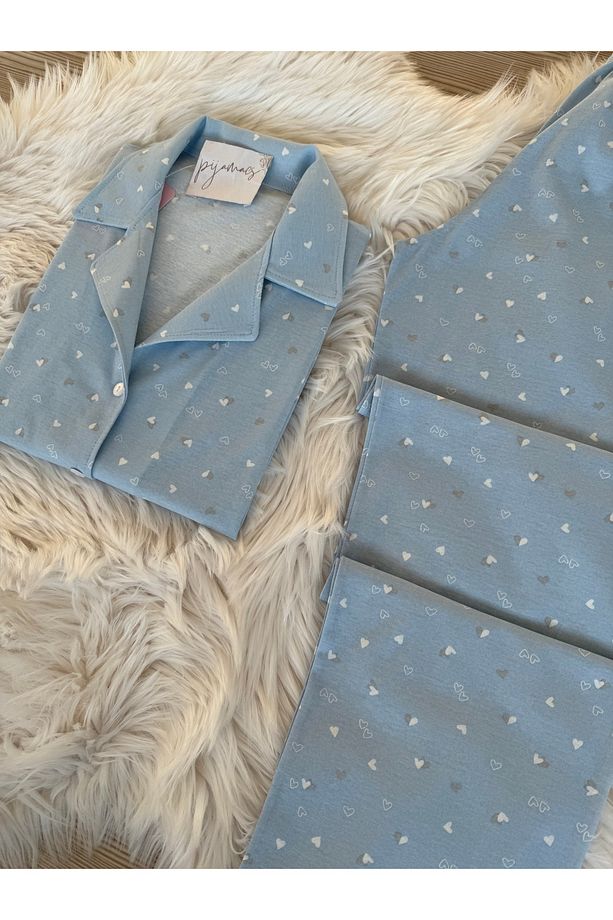 Mavi Mini Kalp Desenli Pamuklu Kısa Kol Gömlek Yaka Pijama Takımı - 5