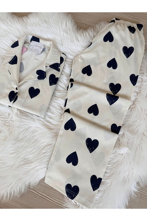 Lacivert Kalp Desenli Pamuklu Kısa Kol Gömlek Yaka Pijama Takımı - 5