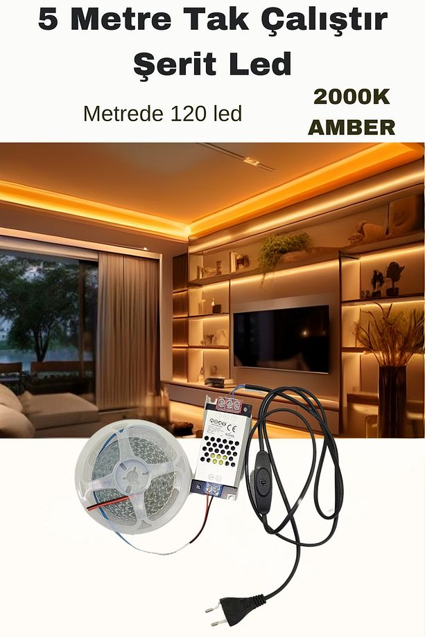 Dolap / Duvar 5 Metre Tak Çalıştır Mt/120 Led Şerit Led - 2000k Amber - 1